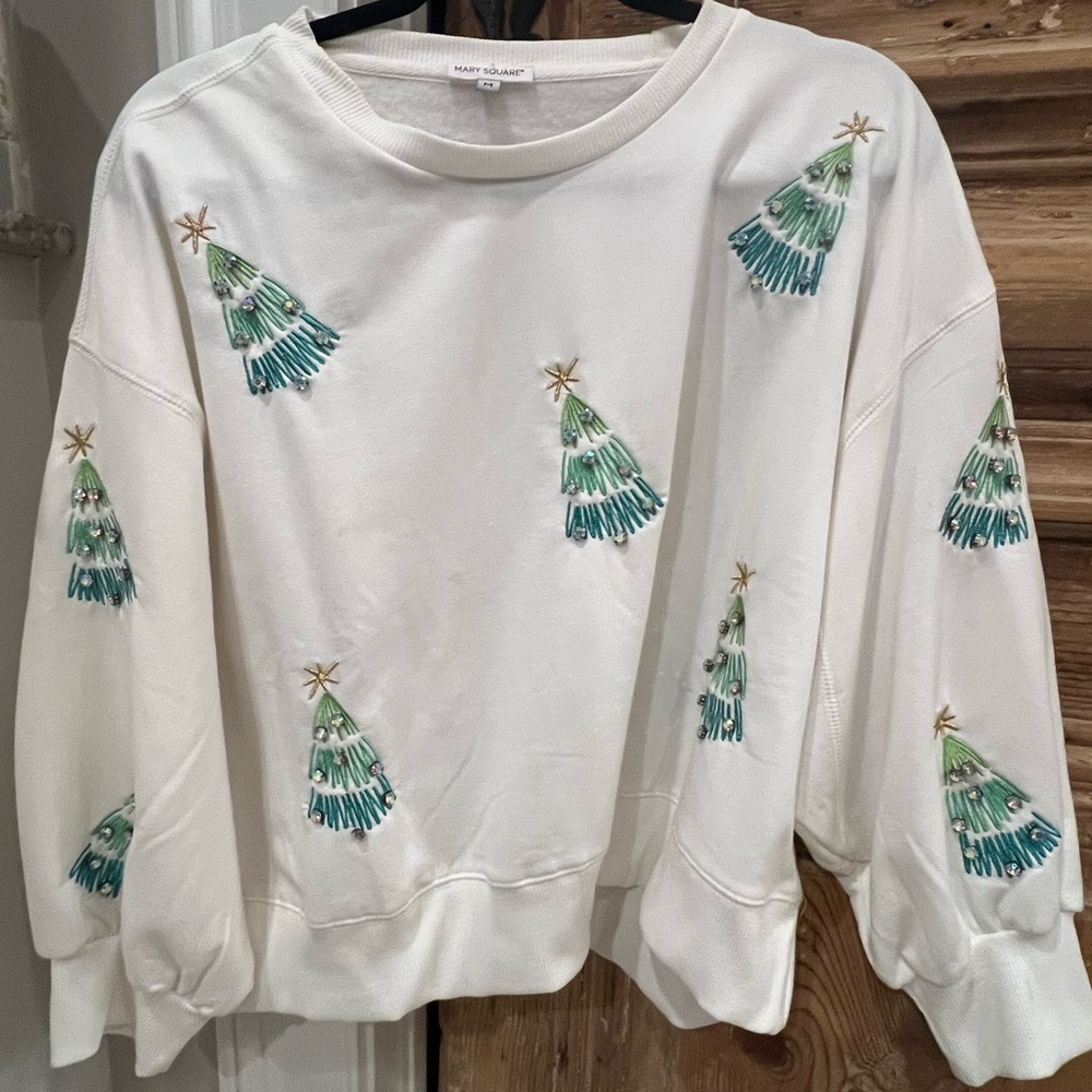 White Holiday Sweater with Tree Embroidery Mary Square